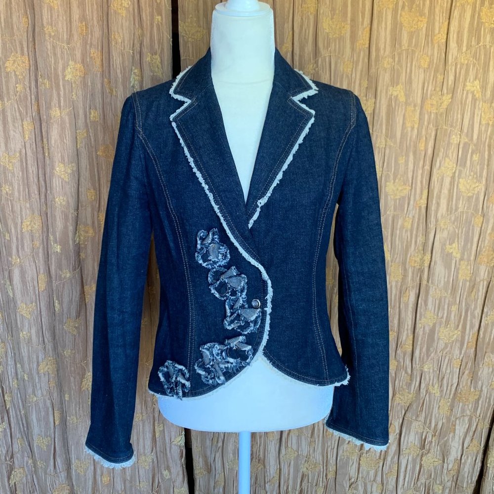 ESCADA Vintage DENIM JACKET WITH GATHERED FLORAL APPLIQUE EUC
